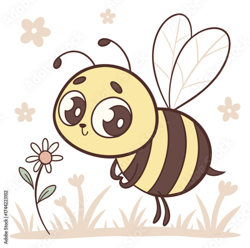 Cute bee cartoon sniffing small daisy flower in a field of grass