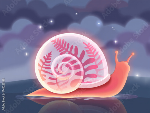 Magical snail with glowing shell and ferns