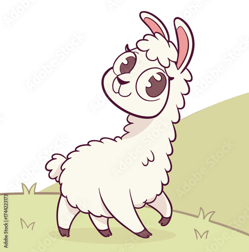 A happy fluffy white cartoon llama or alpaca standing on a grassy hill.