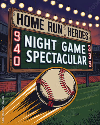 Vibrant Baseball Night Game Illustration with Home Run Scoreboard, Stadium Lights, and Flying Baseball for Sports Promotions