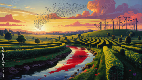 Vibrant Sustainable Landscape at Sunset with River, Wind Turbines, Green Fields, Birds, and Dramatic Colorful Sky