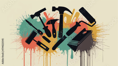 Vibrant Hand Tools Silhouette on Colorful Paint Splatter Background – Creative DIY and Renovation Concept Illustration