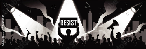 Powerful Protest Crowd Illustration with Spotlight, Raised Fists, Megaphone, Resist Sign, Urban City Night Scene – Black and Transparent