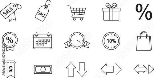 Comprehensive e-commerce vector icon set for sales, featuring price tags, shopping carts, percentage badges, gift boxes, currency, and navigational arrows.