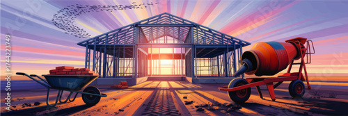 Modern House Construction Site at Sunrise with Metal Frame, Wheelbarrow and Concrete Mixer, Vibrant Digital Illustration