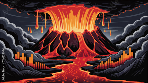 Dramatic Erupting Volcano With Flowing Lava and Dark Smoky Clouds – Vector Illustration for Nature, Disaster, and Geology Concepts