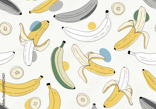 Banana seamless pattern. Print with bananas slices yellow tropical fruit, abstract backdrop for fabric textile design, wallpaper and wrapping paper. Vector texture.