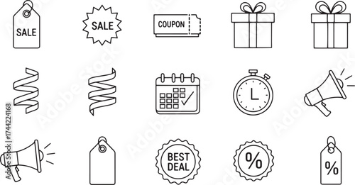 E-commerce vector icon set for sales and promotions, featuring price tags, gift boxes, coupons, countdown timers, and best deal megaphones