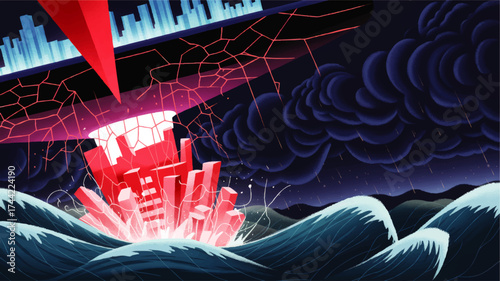 Surreal Digital City Falling into Ocean with Storm Clouds and Cracked Ground – Dramatic Futuristic Disaster Illustration