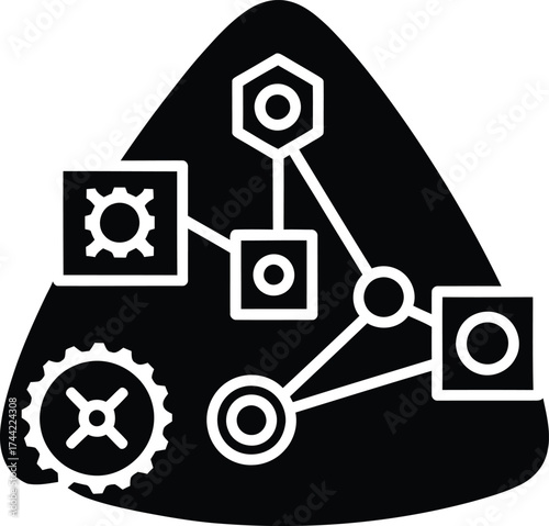 Abstract network diagram with interconnected geometric shapes and gears representing system integration and workflow