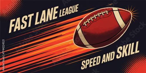 Dynamic American Football Illustration with Fast Lane League Theme, Speed and Skill Quote, Vintage Comic Style, Bright Colors