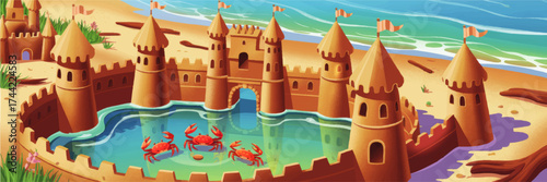 Majestic Sandcastle Fortress with Crabs in Moat on Beach, Colorful Summer Cartoon Illustration, Ocean Shoreline, Fantasy Sand Art