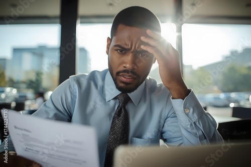 Worried Businessman Reading Financial Report in Office