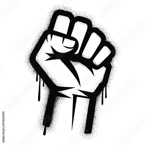 Black and white spray paint-style illustration of a raised fist with drips and splatters symbolizing solidarity and protest
