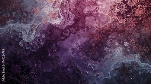 Dark, highly textured abstract background featuring deep purple and dark blue tones mixed with pink and copper highlights