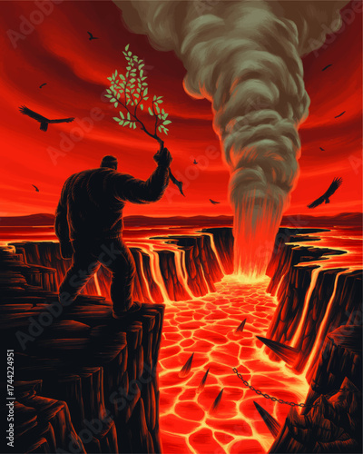 Surreal Apocalyptic Landscape with Figure Holding Olive Branch Over Fiery Lava Canyon, Erupting Smoke, and Flying Vultures