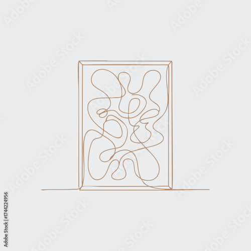 Minimalist line art of an abstract sculpture with a rectangular frame and flowing, interconnected curves in a neutral setting