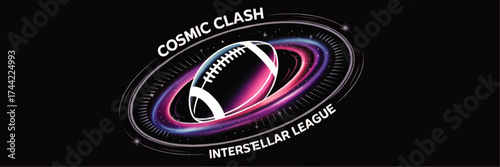Futuristic Cosmic Football Logo with Galaxy and Stars, Interstellar Sports League, Vibrant Colors on Black Background, Vector Illustration