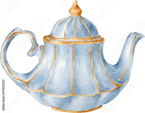 Watercolor blue teapot with golden details, hand-painted vintage kitchenware illustration for cozy tea time and cottagecore design