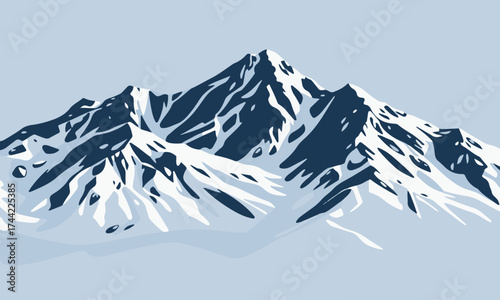 Vector illustration of a high snow covered mountain peak with sharp ridges and blue sky with clouds in the background	
