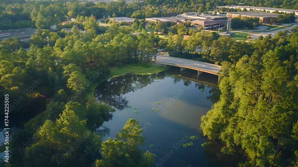 Fototapeta premium Aerial View of Lake with Forest, Bridge, and Campus Buildings at Early Morning