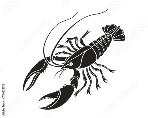 A bold, graphic illustration of a lobster in profile, emphasizing its claws, tail, and antennae with stark black lines on a white background