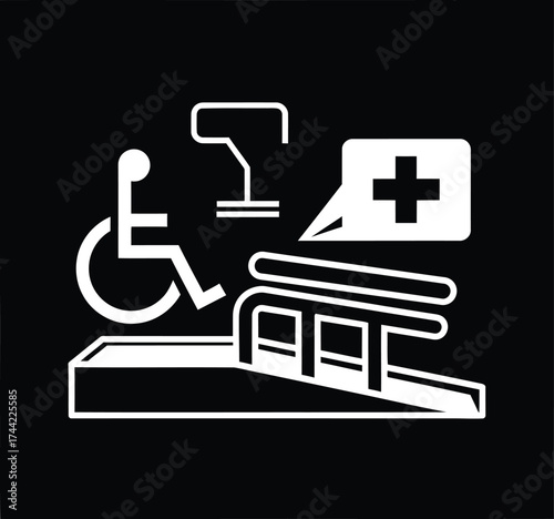 Accessible medical care with ramp and wheelchair symbol indicating healthcare services for disabled individuals