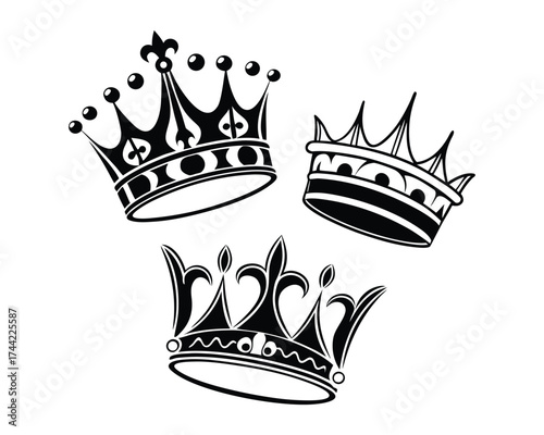 Three distinct, detailed crowns are depicted in a black and white illustration, arranged in a dynamic composition