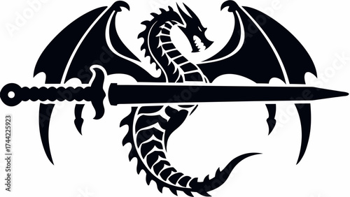 Mystical dragon clutching sword, fantasy emblem for games, books, medieval themes, powerful imagery