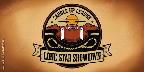 Vintage Western Football Logo Vector – Saddle Up League Lone Star Showdown, Sunset, Desert Mountains, Rope Banner, Rustic Style