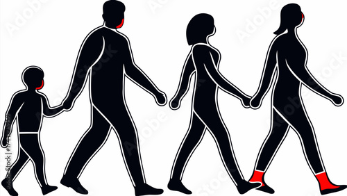 Family walking together holding hands, unity and support in black and red graphic design