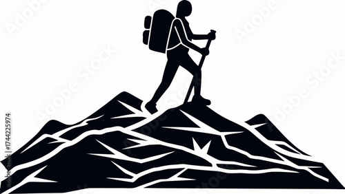 Bold hiker conquering a mountain peak with trekking poles and backpack graphic adventure