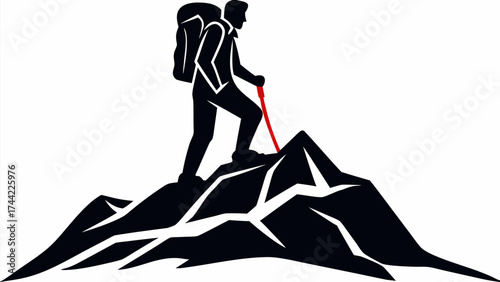 Dynamic hiker silhouette conquering mountain peak, adventurous journey to the top, vector design