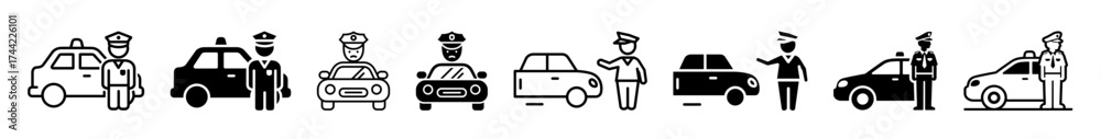 Obraz premium Collection of icons depicting cars and police officer
