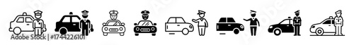 Collection of icons depicting cars and police officer
