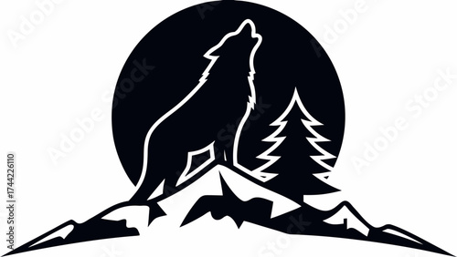 Majestic howling wolf silhouette on mountain peak under moonlit sky, vector illustration for outdoors brand