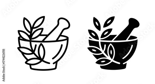 Mortar and pestle with leaves, solid and filled icon.