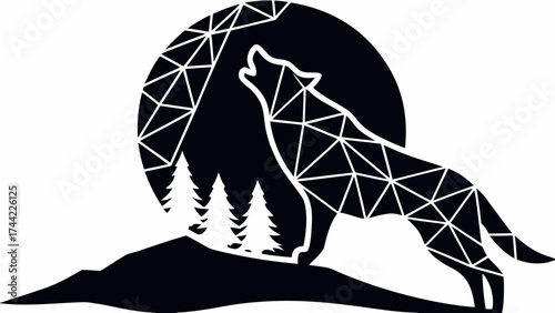 Striking geometric wolf howling at the moon art print for modern home decor and nature themes