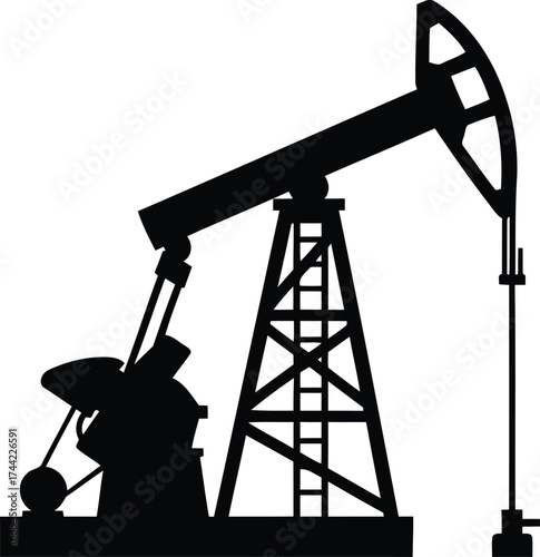 Silhouette of an oil pumpjack against a white background