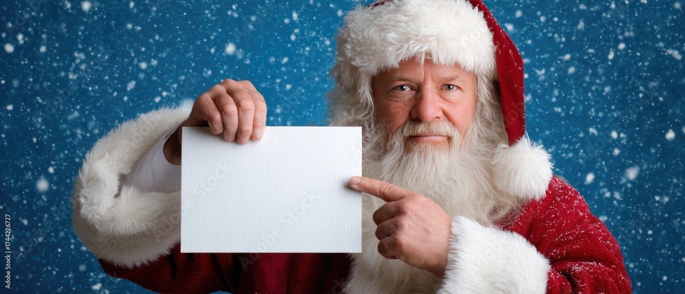 Naklejka premium Santa Claus holds a blank sign while surrounded by falling snowflakes during the festive holiday season in a cheerful winter setting