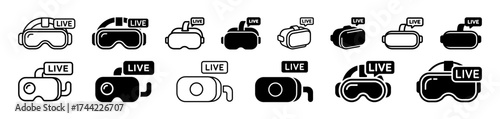 Collection of virtual reality headset icons with live streaming indicators