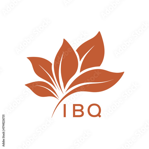 Botanical Nature Logo with Leaves in Brown, IBQ Later Logo, Elegant Plant Emblem with Typography, 

