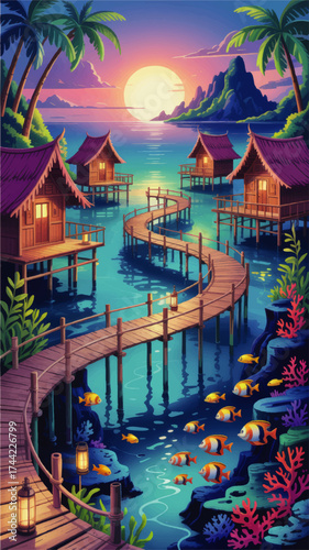 Tropical Sunset Overwater Bungalows, Vibrant Coral Reef, Exotic Fish, Palm Trees and Wooden Pier, Idyllic Vacation Paradise Illustration