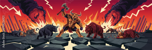 Epic Bull vs Bear Battle Illustration – Stock Market War Concept, Powerful Warrior in Armor, Explosive Finance Scene, Vector Art