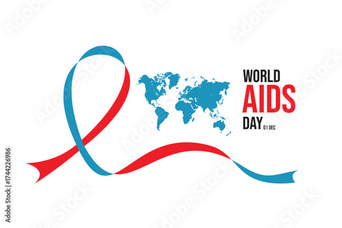 Vector illustration for World AIDS Day with a red and blue awareness ribbon and a world map symbolizing global unity and support in the fight against HIV and AIDS, observed on December 1.