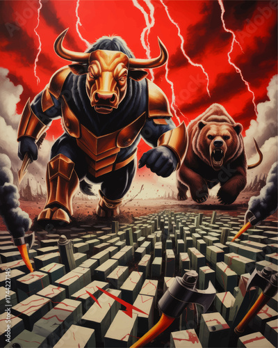 Dramatic Bull and Bear Battle Over Stock Market Skyline with Lightning and Chaos, Economic Crisis Financial Power Concept Illustration