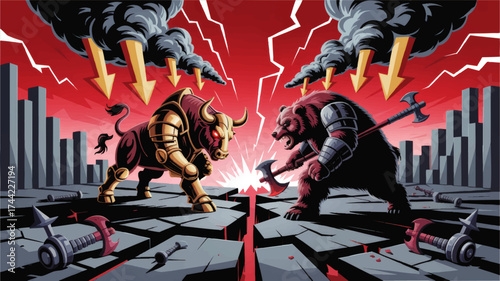 Epic Bull vs Bear Stock Market Battle Illustration – Financial Volatility, Combat, Dramatic Red Background, Vector Art
