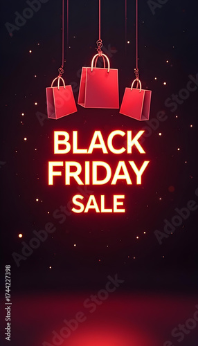 Black Friday sale banner with neon glow. Modern Black Friday banner with shopping bags and glowing neon discount text.
