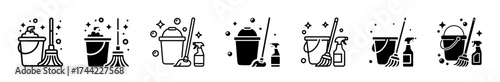 Cleaning tools icons bucket, mop, broom, and spray bottle
