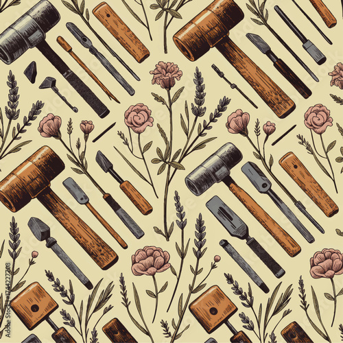Vintage Seamless Pattern with Hand Drawn Woodworking Tools and Flowers, Retro Carpentry and Floral Art Background